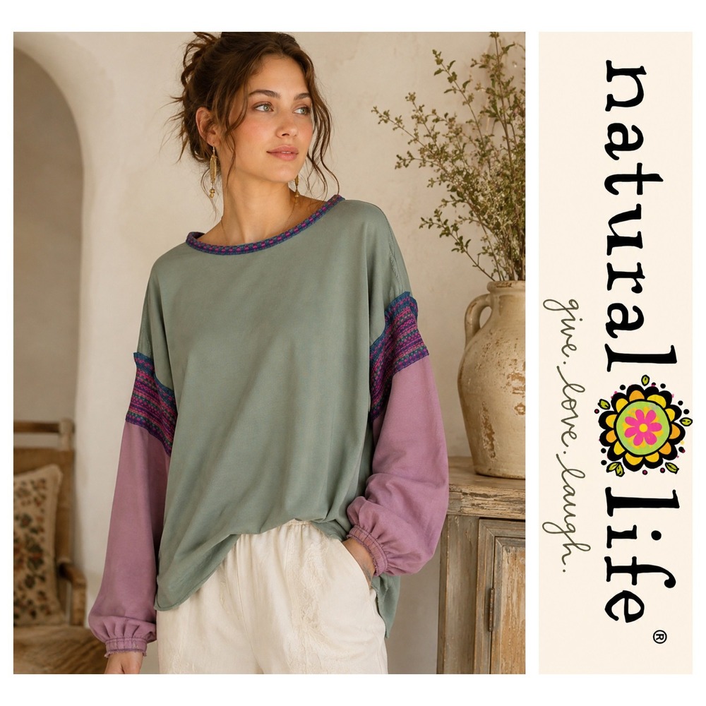 Natural Life Green Purple Colorblock Knit Trim Oversized Sweatshirt Size L / XL